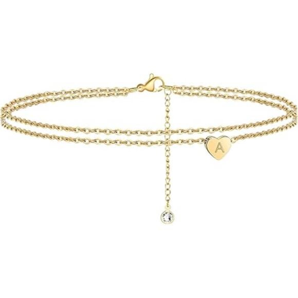Heart Initial Ankle Bracelets for Women, 14K Gold Filled Handmade Dainty Layered - Picture 7 of 7
